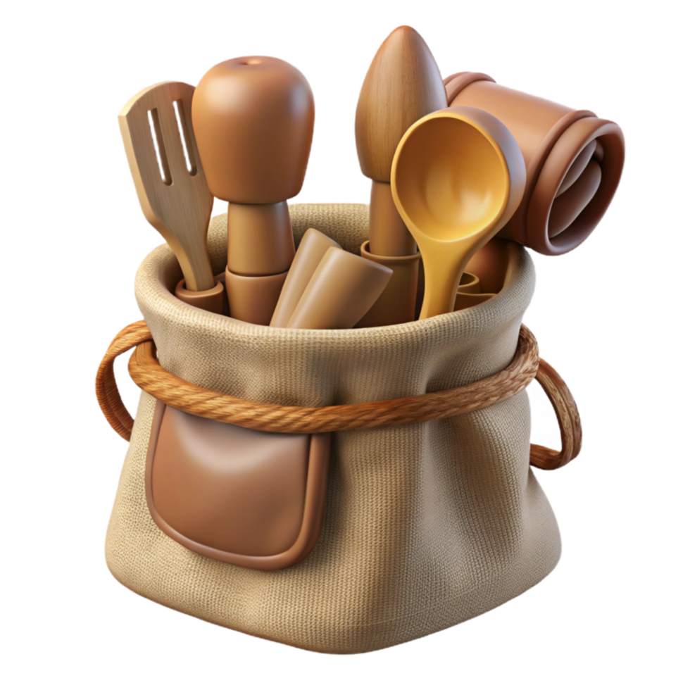 beautiful traditional Wooden Utensils Set with Cloth Bag Isolated exclusive png