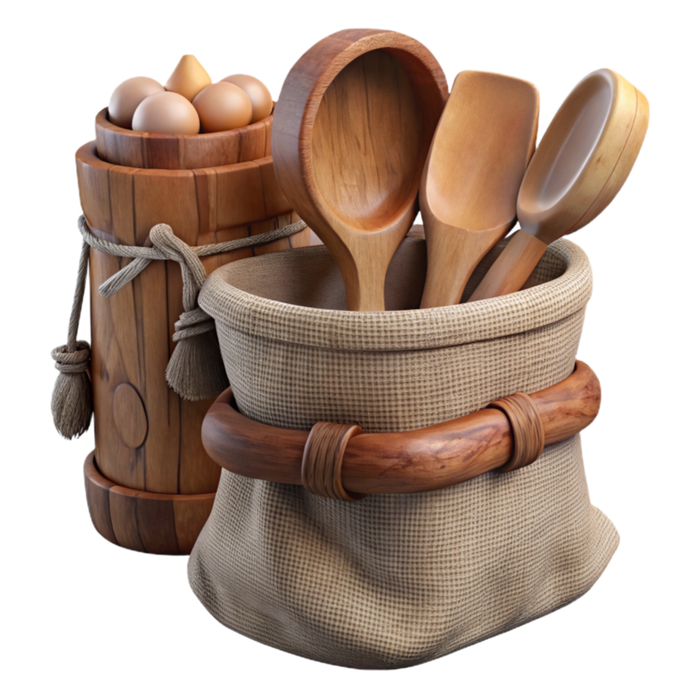 stunning modern Wooden Utensils Set with Cloth Bag Isolated exclusive png