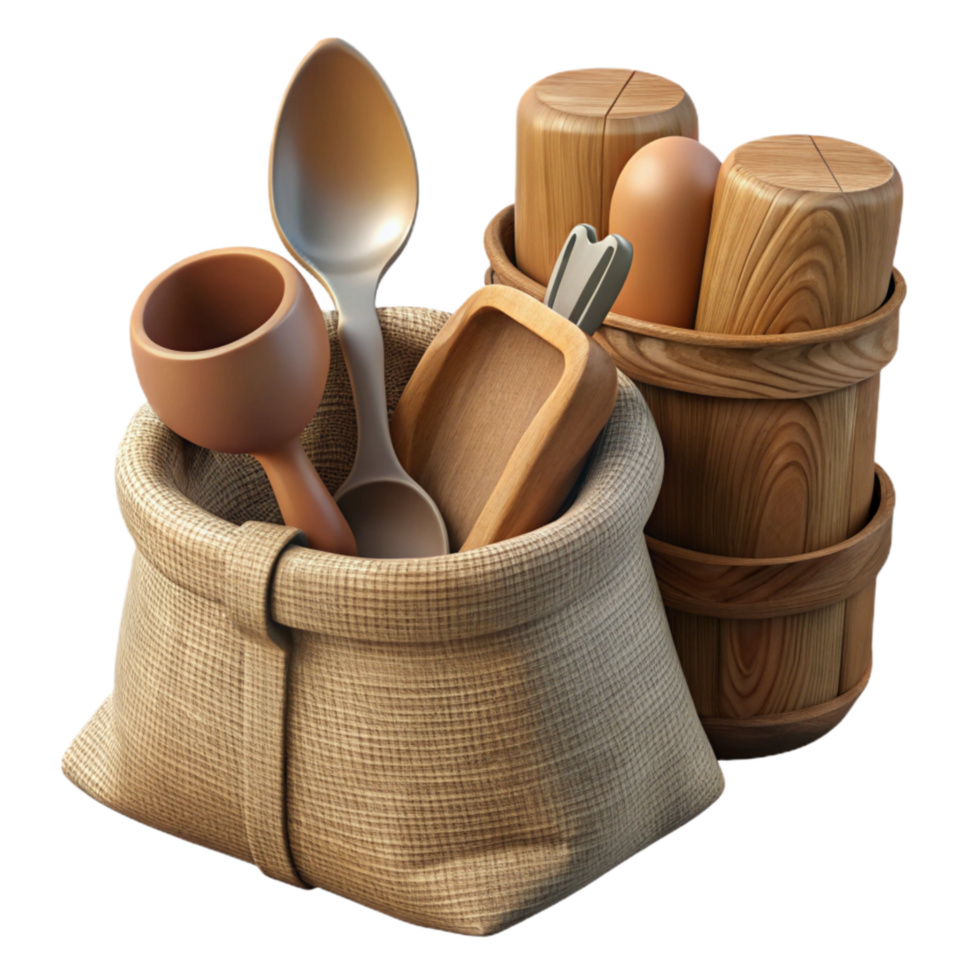 extraordinary vintage Wooden Utensils Set with Cloth Bag Isolated premium png