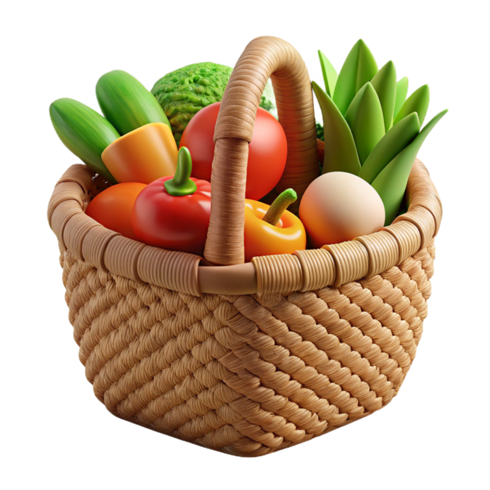 extraordinary minimalist Woven Basket Filled with Vegetables Front View Transparent Background with Natural Lighting exclusive png
