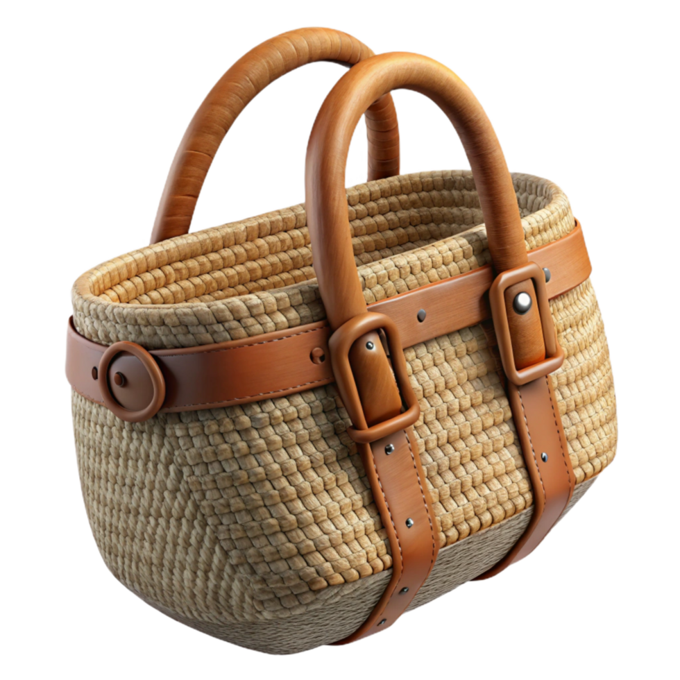 serene modern Woven Raffia Bag with Leather Straps Isolated authentic png