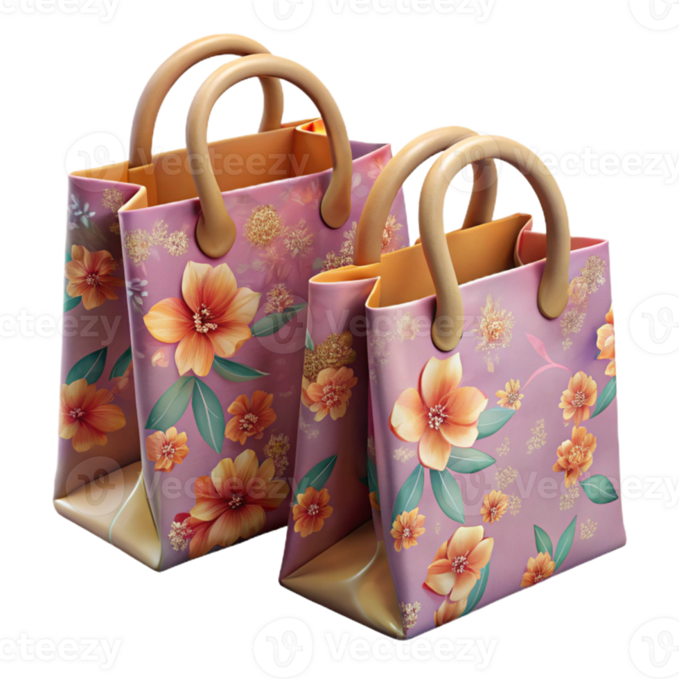 wonderful traditional Reusable Shopping Bags with Floral Prints Isolated on White detailed png