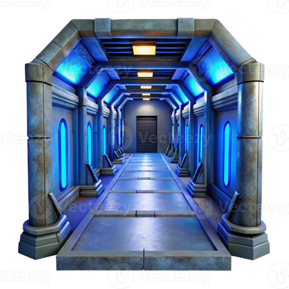 stunning modern Sci Fi Corridor with Blue Lighting Isolated Element detailed png