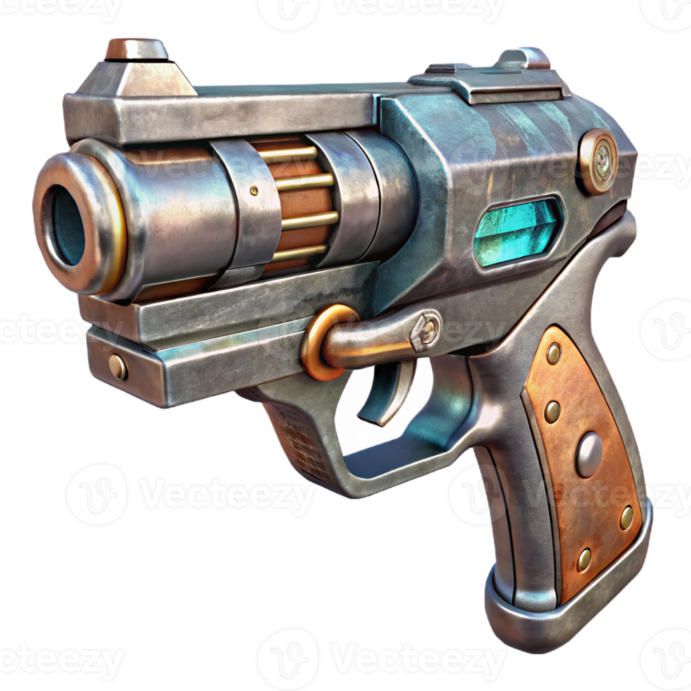 serene rustic Sci Fi Gun Side View with Metallic Finish Isolated authentic png