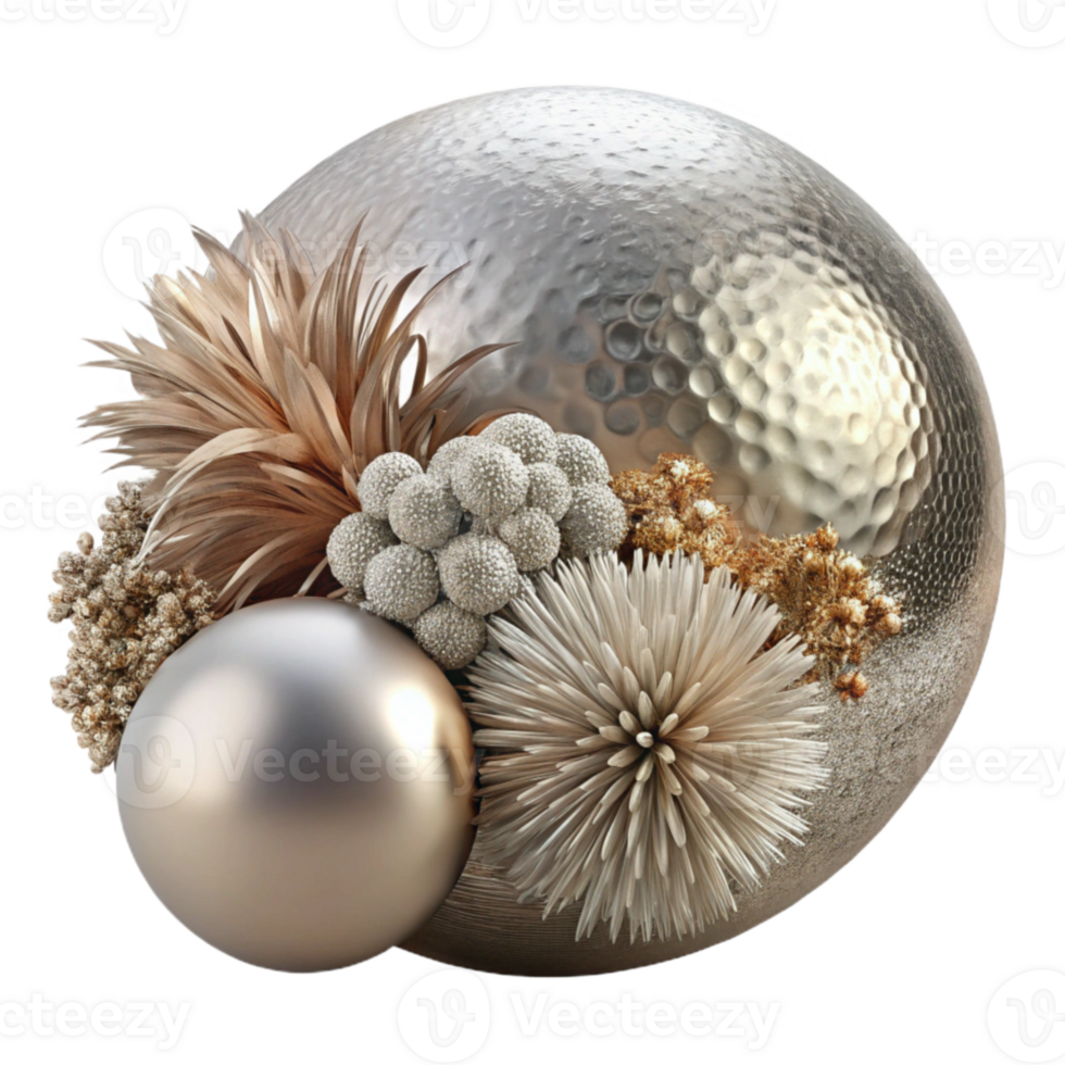 elegant artistic Silver Sphere and Dried Flower Arrangement Transparent Background high quality png
