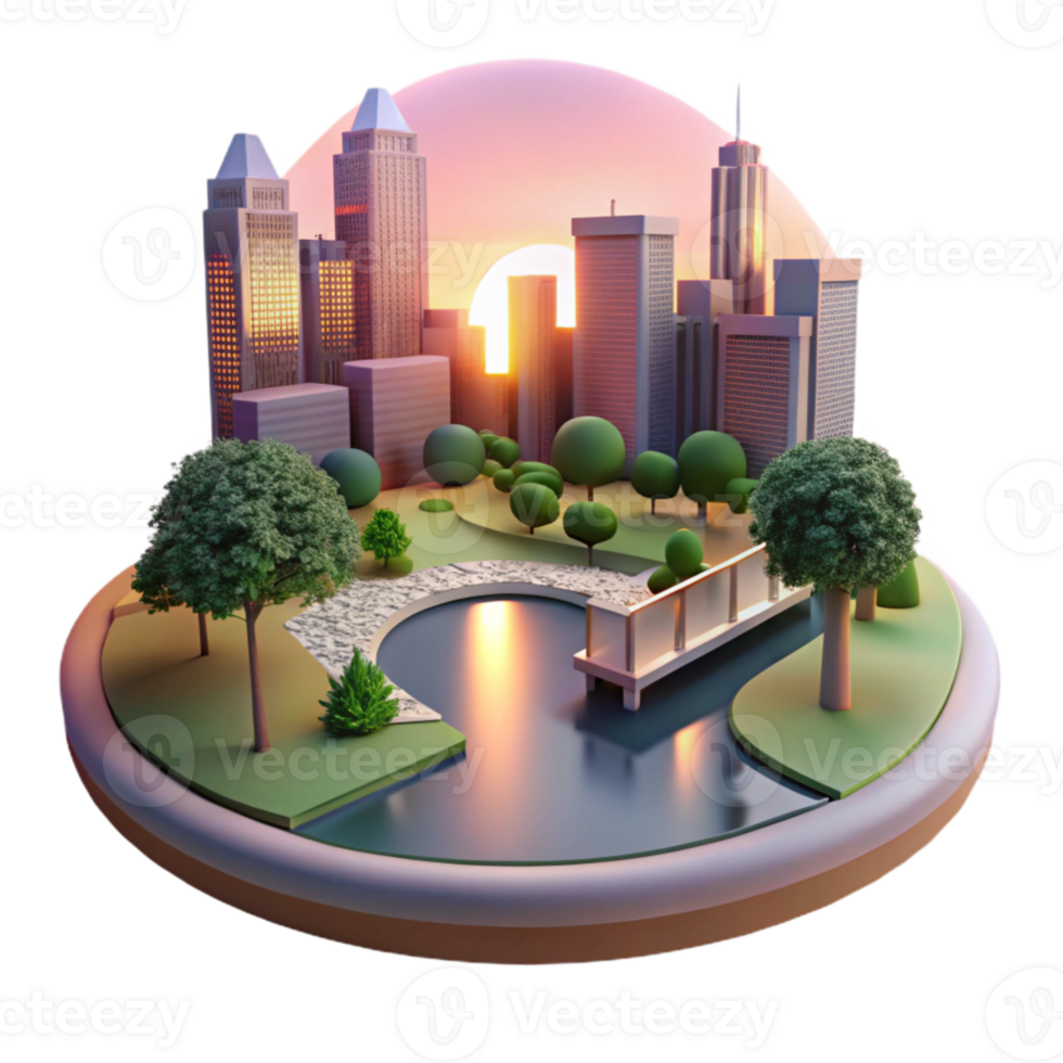 elegant modern Sunset View of City Park with Pond Transparent Background premium png