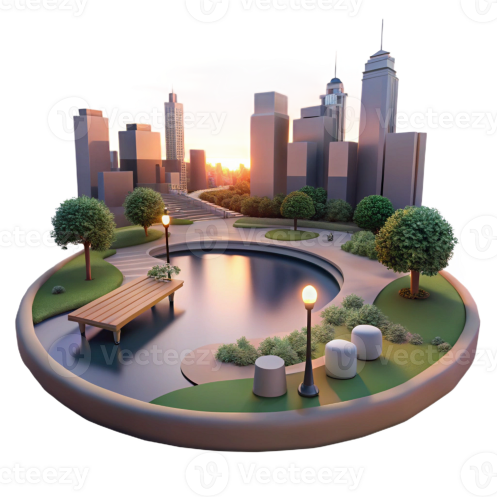 elegant classic Sunset View of City Park with Pond Transparent Background exclusive png