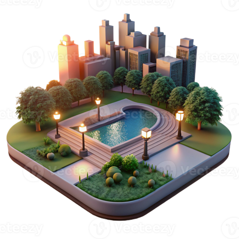 elegant contemporary Sunset View of City Park with Pond Transparent Background authentic png