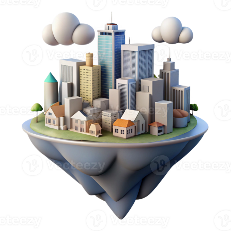 serene creative Surreal Cityscape with Floating Buildings Transparent Background png
