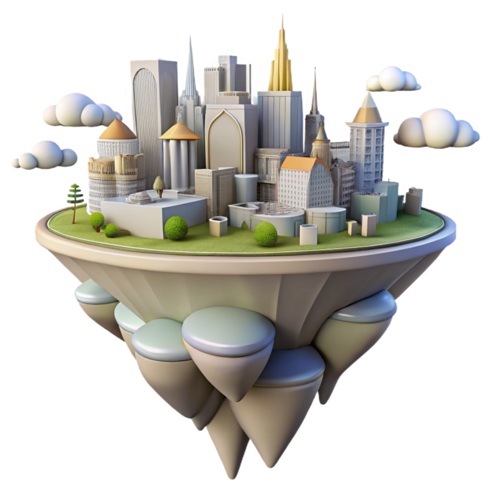 serene minimalist Surreal Cityscape with Floating Buildings Transparent Background premium png