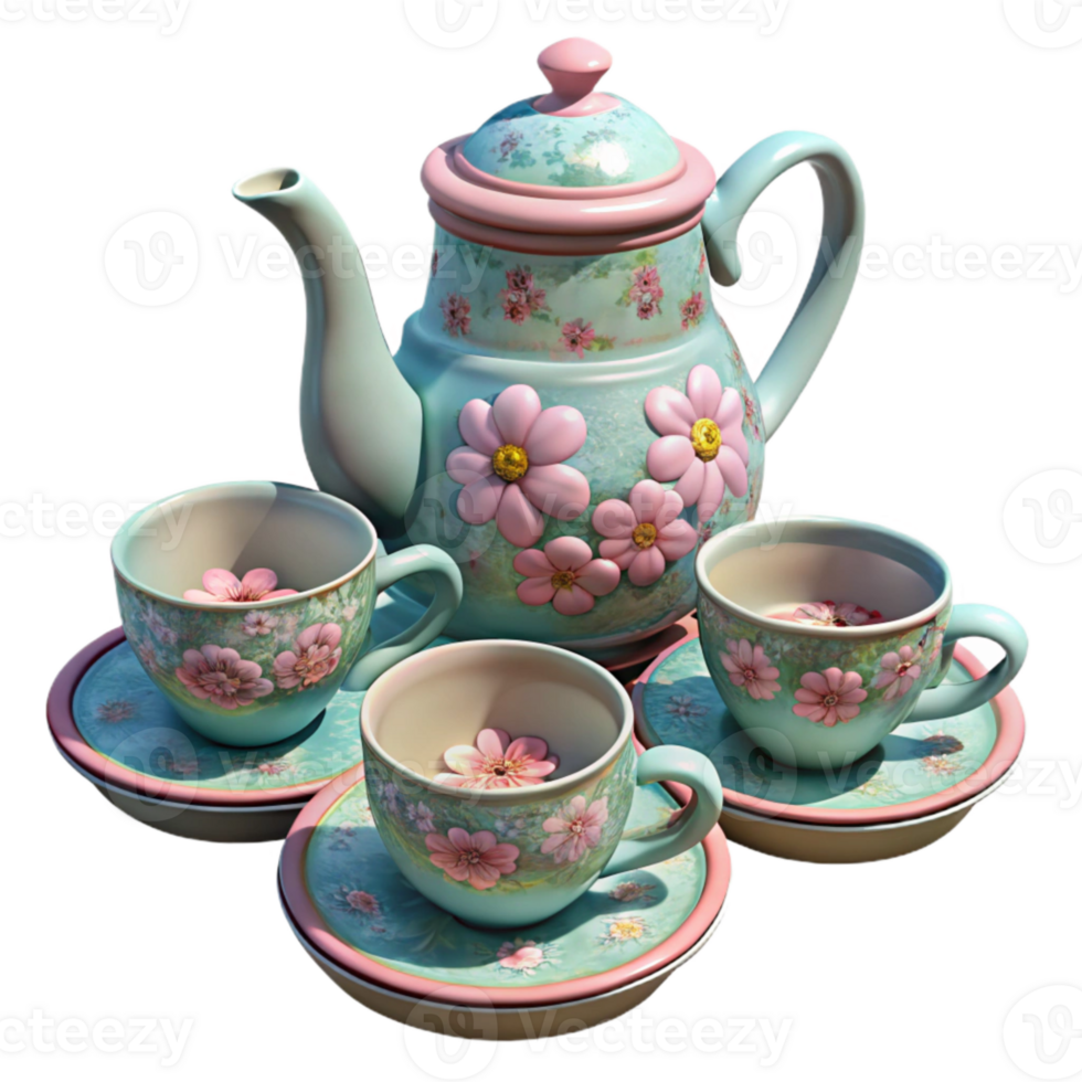 elegant rustic Tea Set with Floral Design Porcelain Material Isolated professional png