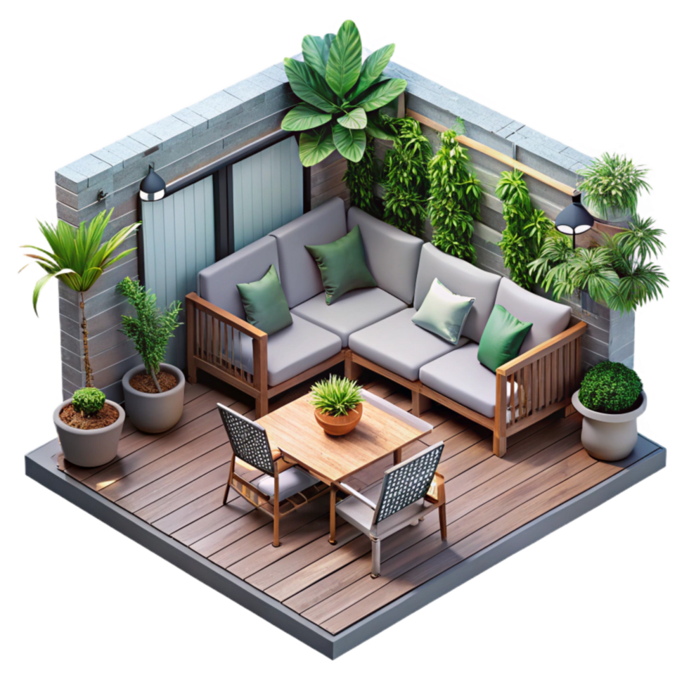 dramatic modern Urban Balcony Garden with Seating Area Isolated on Transparent Background high resolution png