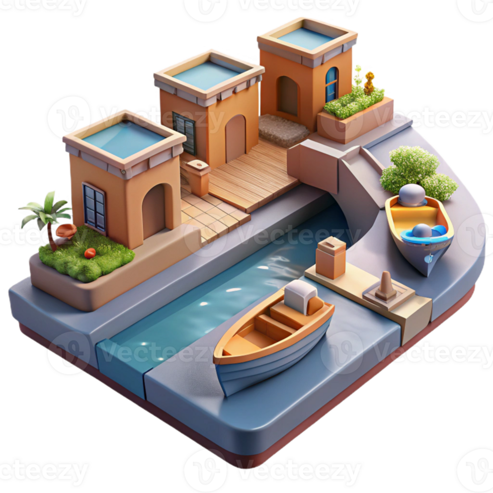 beautiful creative Urban Canal System with Boats Illustration Isolated Transparent Background detailed png