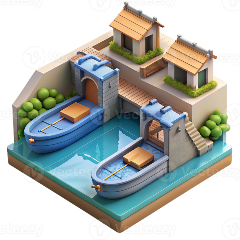 magnificent classic Urban Canal System with Boats Illustration Isolated Transparent Background png