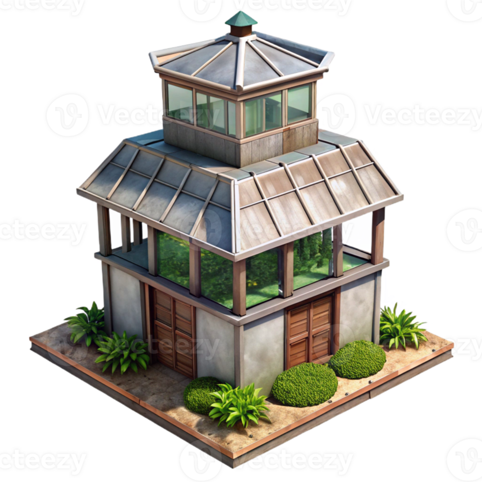 serene vintage Urban Farming Tower Isolated with Rooftop Greenhouse high resolution png