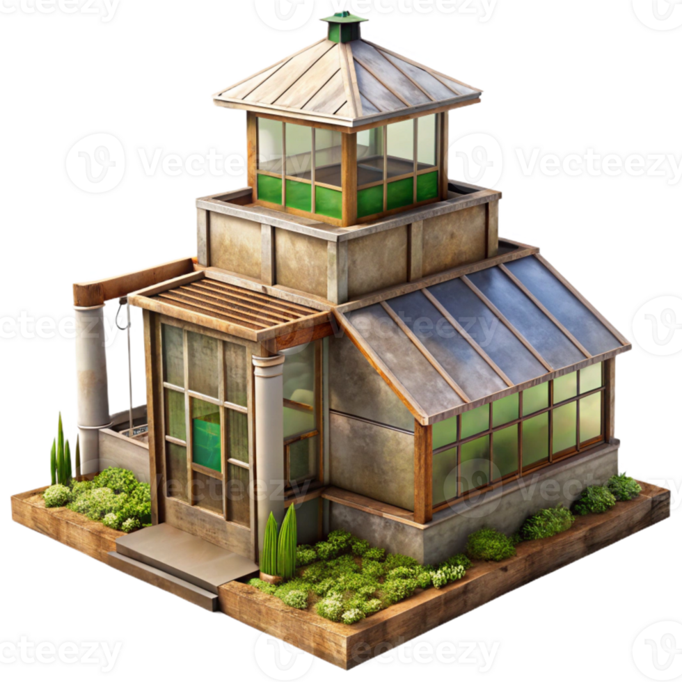 dramatic modern Urban Farming Tower Isolated with Rooftop Greenhouse high resolution png