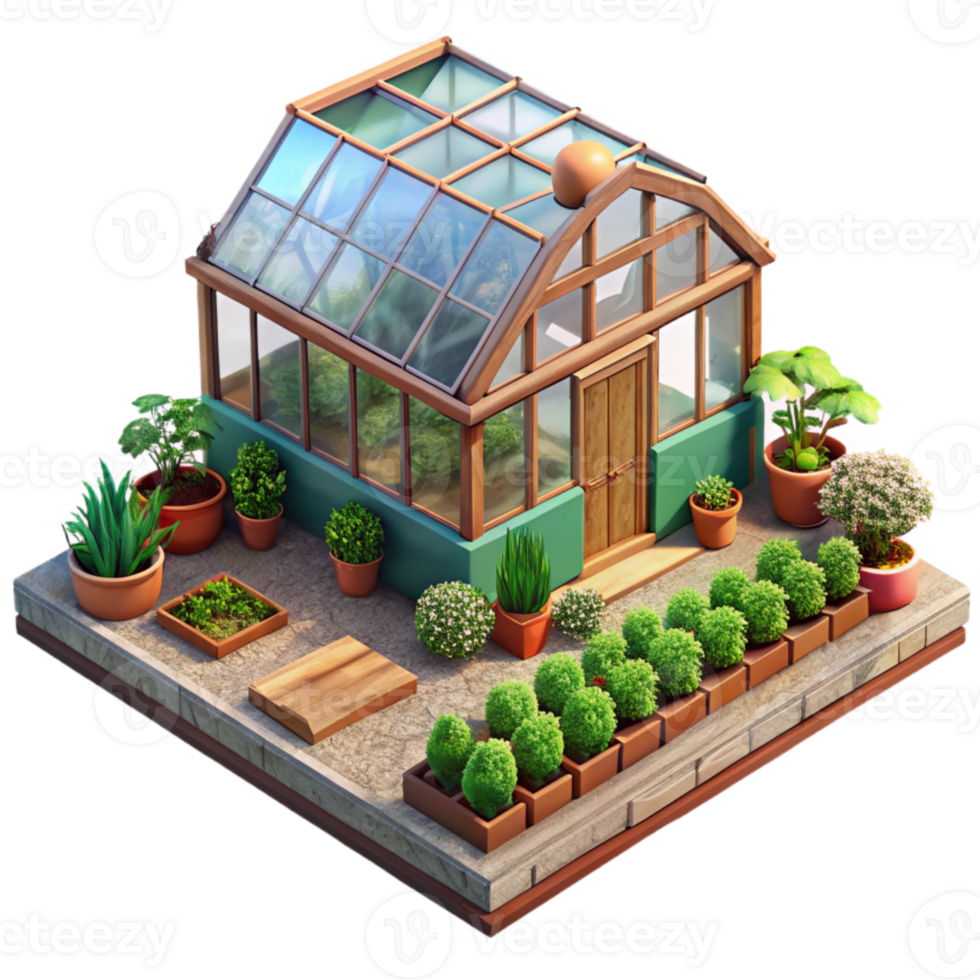 wonderful minimalist Urban Garden with Greenhouse and Raised Beds Isolated on Transparent Background detailed png