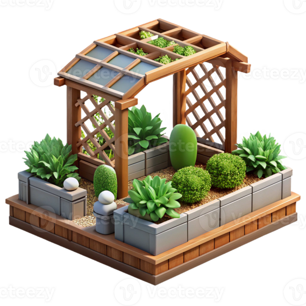 serene creative Urban Garden with Raised Beds and Trellis Isolated on Transparent Background png