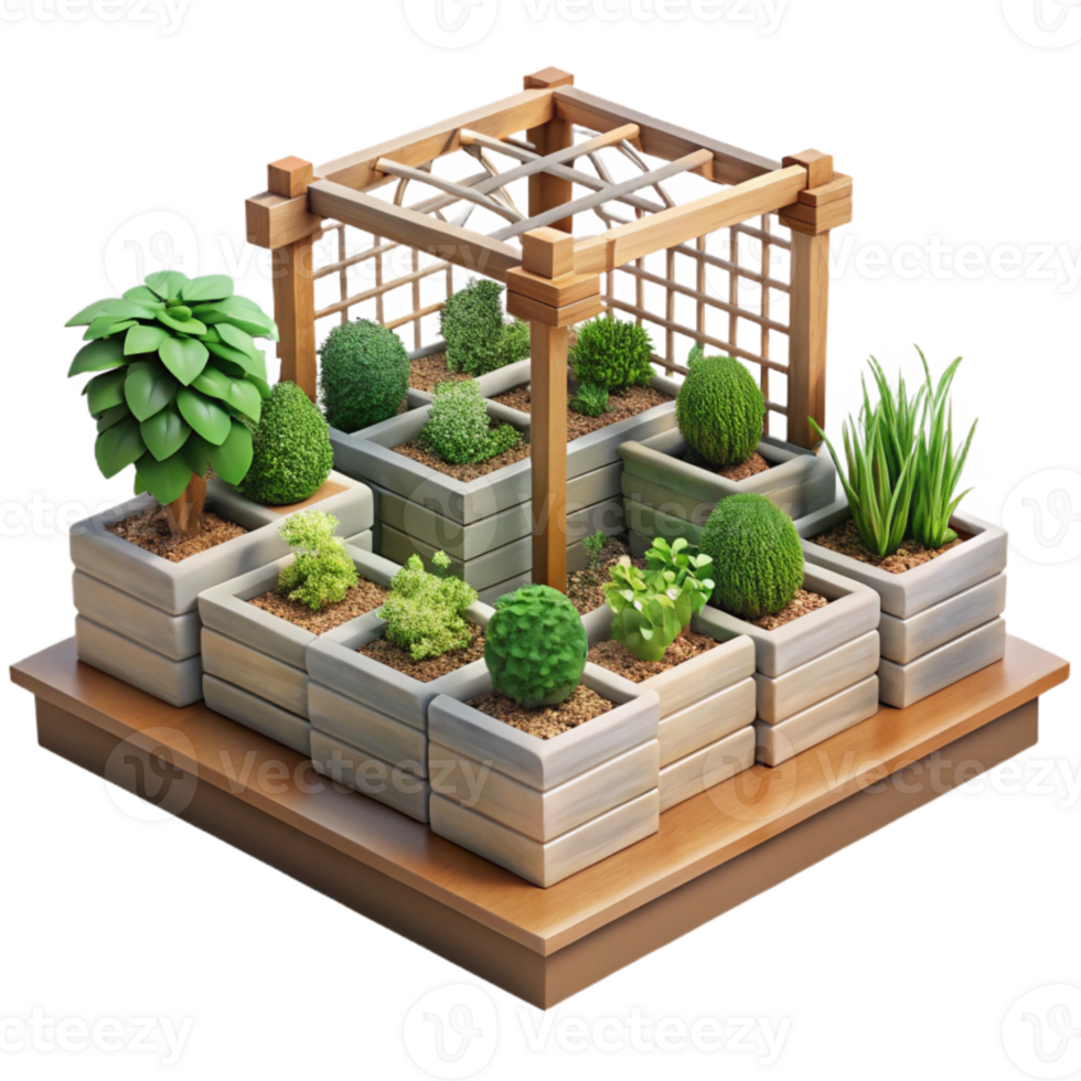 elegant contemporary Urban Garden with Raised Beds and Trellis Isolated on Transparent Background exclusive png