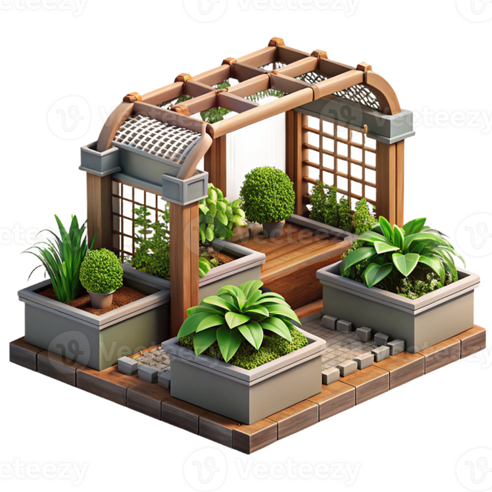 wonderful contemporary Urban Garden with Raised Beds and Trellis Isolated on Transparent Background png