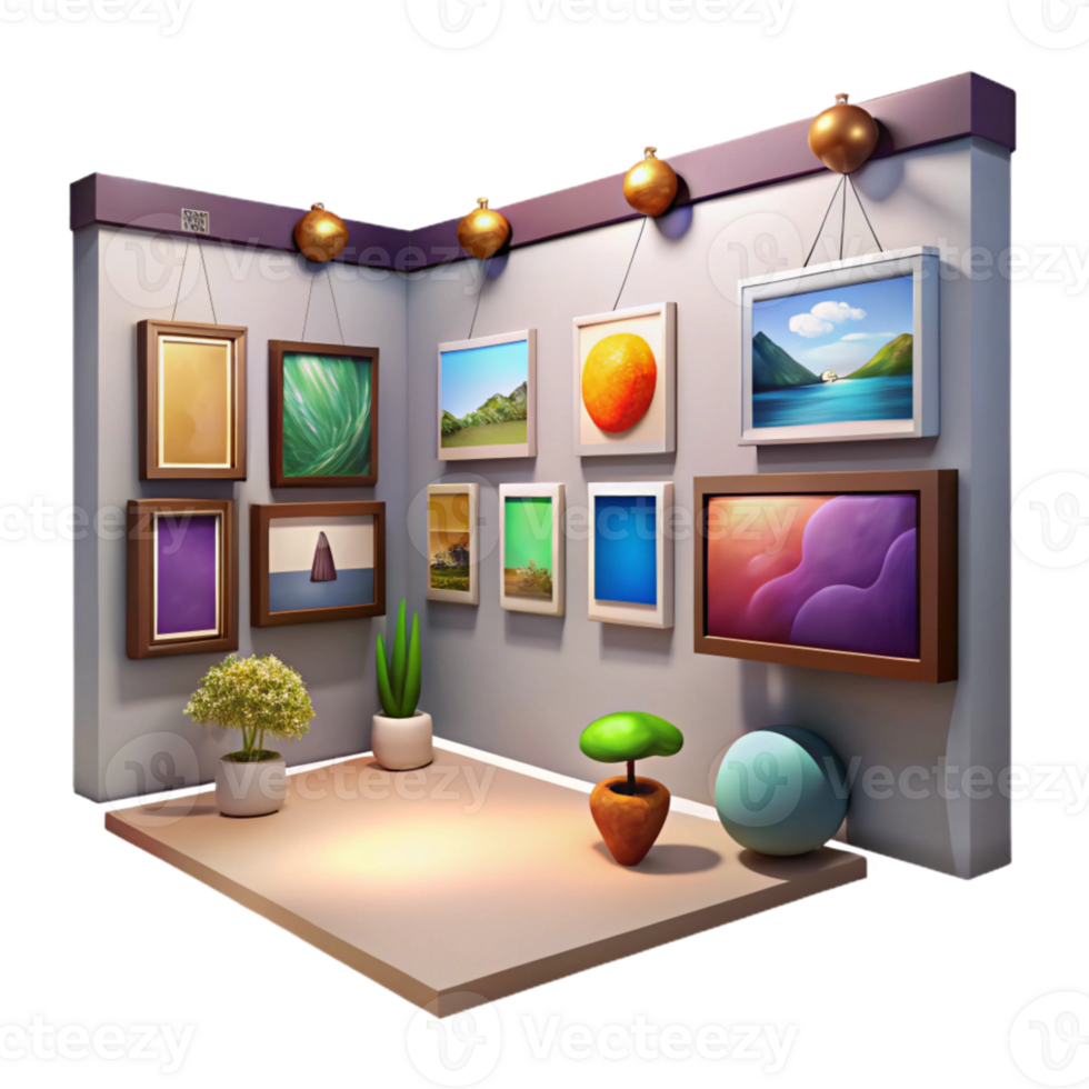 beautiful minimalist Virtual Art Gallery Paintings on Wall Isolated Element detailed png