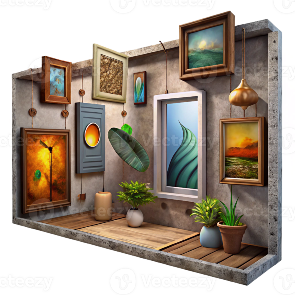 extraordinary contemporary Virtual Art Gallery Paintings on Wall Isolated Element professional png