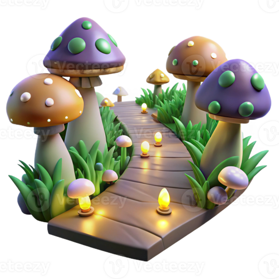 vibrant traditional Virtual Forest Path with Glowing Mushrooms Isolated exclusive png