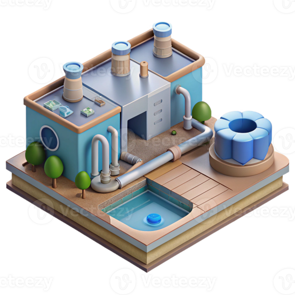 serene minimalist Water Recycling Plant Isometric View Isolated Transparent Background detailed png