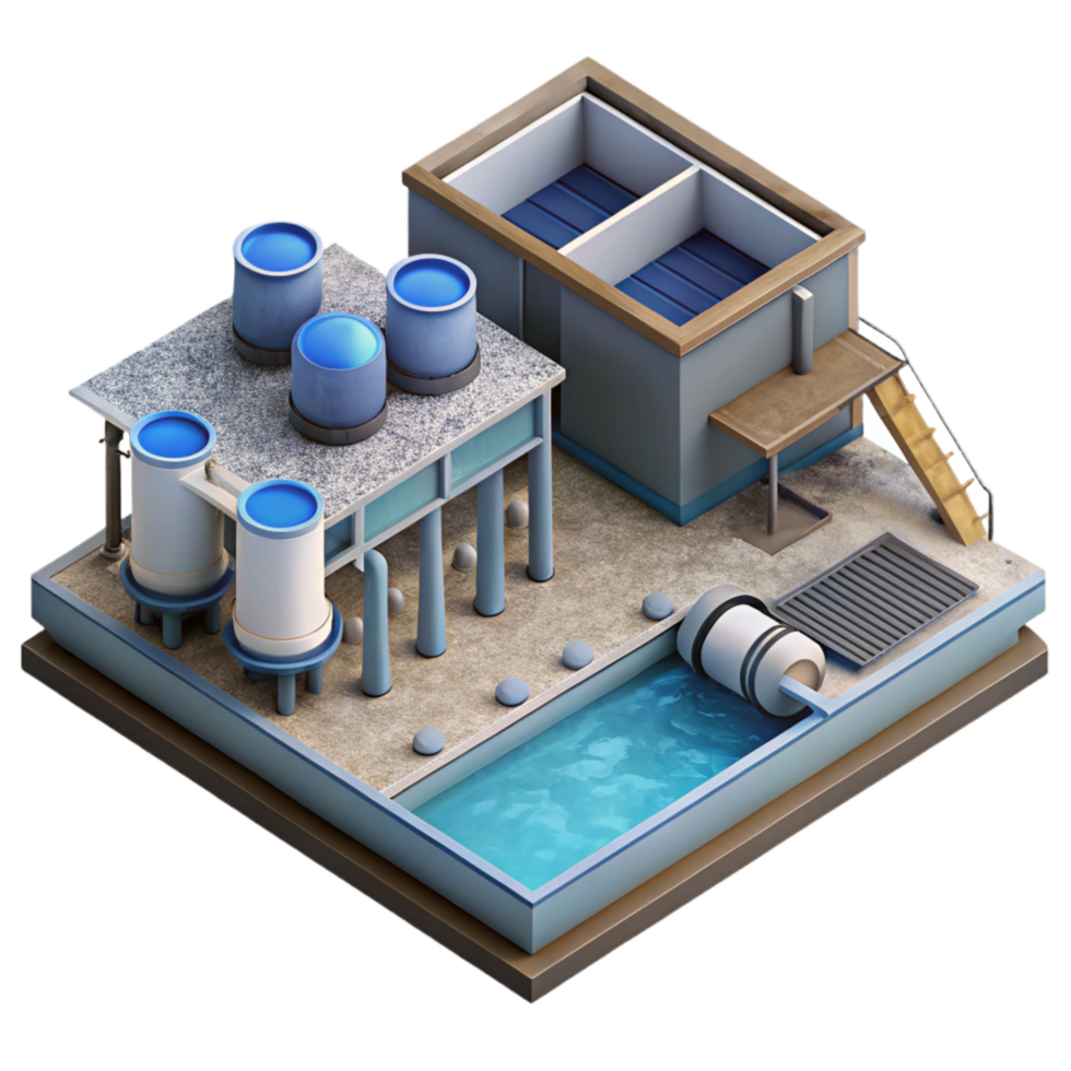 extraordinary contemporary Water Recycling Plant Isometric View Isolated Transparent Background png