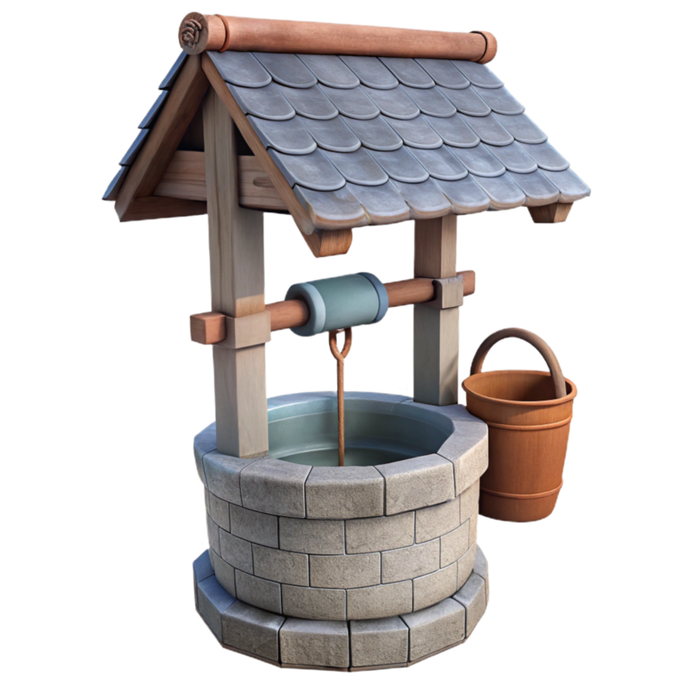 serene contemporary Water Well with Bucket Side View Isolated with Rustic Style png