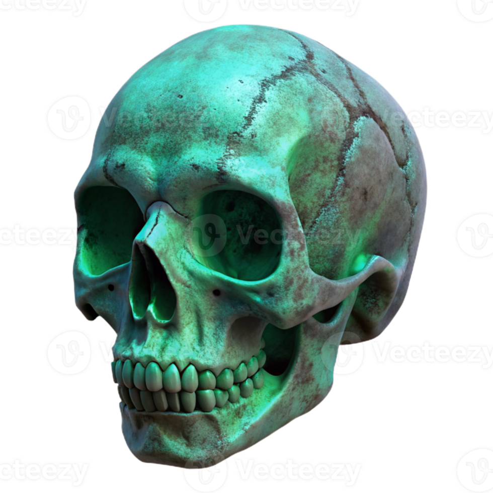 dramatic modern Weathered Skull with Green Glow Isolated genuine png