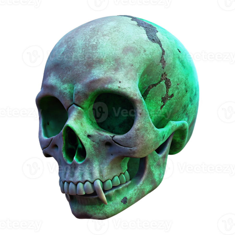 elegant vintage Weathered Skull with Green Glow Isolated authentic png