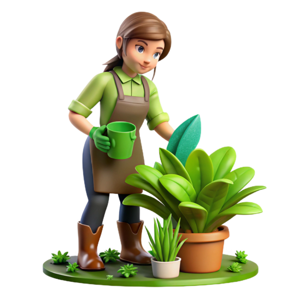 serene traditional Woman Gardening with Bright Green Plants Transparent Background authentic png