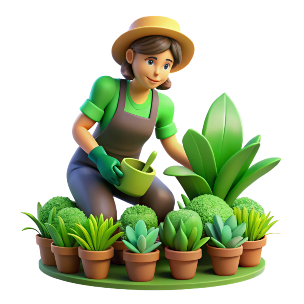 vibrant modern Woman Gardening with Bright Green Plants Transparent Background high resolution png