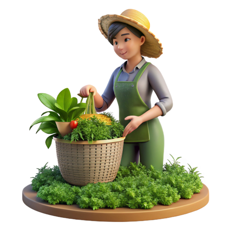 beautiful vintage Woman Harvesting Herbs From Garden Transparent Background Fresh Ingredients png