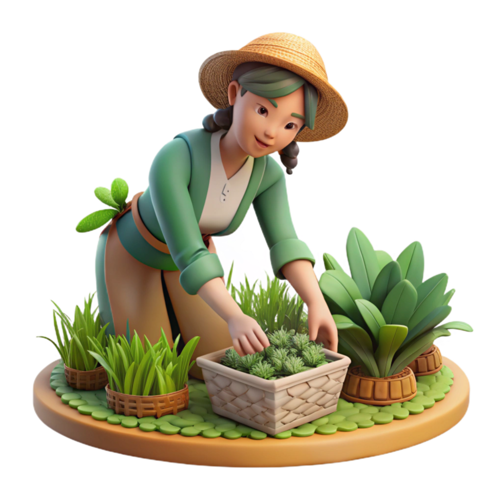 beautiful vintage Woman Harvesting Herbs Garden Scene Cutout premium png