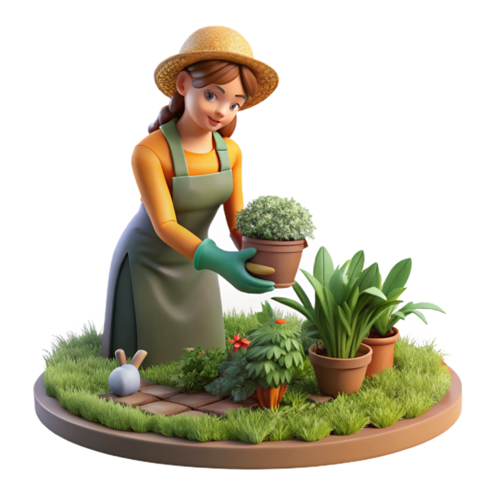elegant artistic Woman Harvesting Herbs Garden Scene Cutout premium png