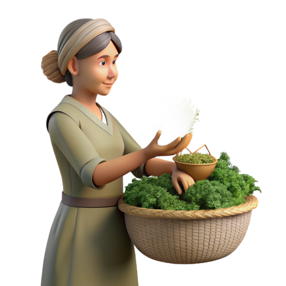 impressive modern Woman Harvesting Herbs Side View Isolated with Soft Lighting detailed png
