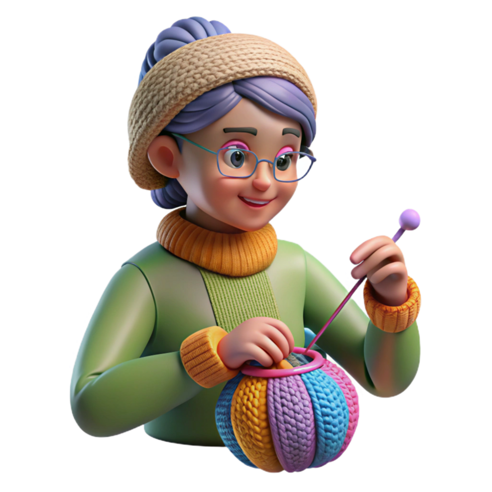 vibrant minimalist Woman Knitting with Colorful Yarn Transparent Background original png