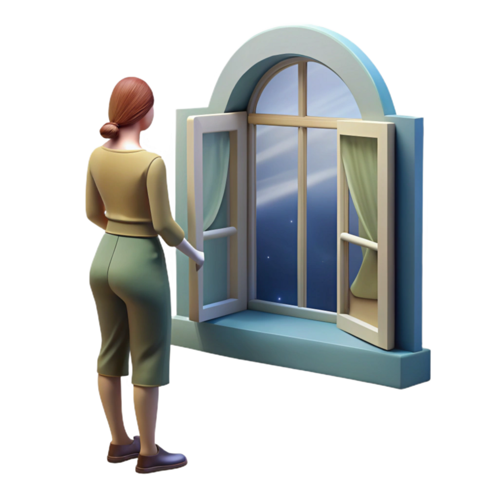 elegant traditional Woman Looking Through Window at Another World Transparent Background exclusive png