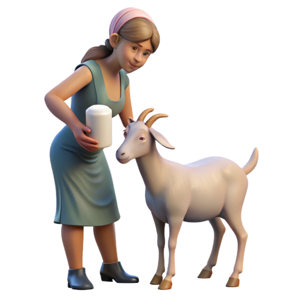 serene classic Woman Milking Goat Side View Transparent Background with Soft Lighting professional png
