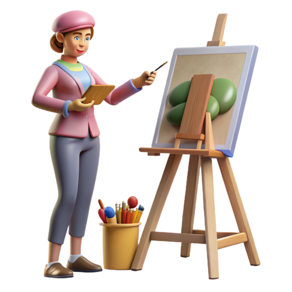 impressive contemporary Woman Painting Still Life on Canvas Transparent Background premium png