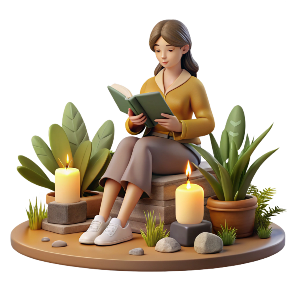 wonderful creative Woman Reading Book in Garden Isolated Tranquil Scene genuine png