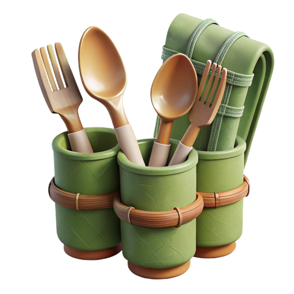 impressive rustic Zero Waste Bamboo Cutlery Set Isolated exclusive png