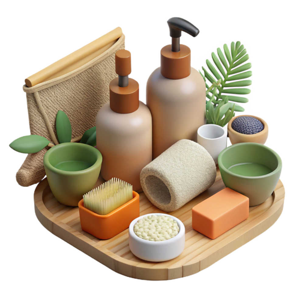 magnificent rustic Zero Waste Bathroom Essentials Top View Transparent Background professional png