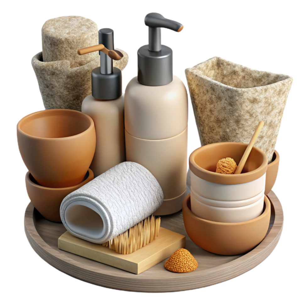 stunning rustic Zero Waste Bathroom Essentials Top View Transparent Background detailed png
