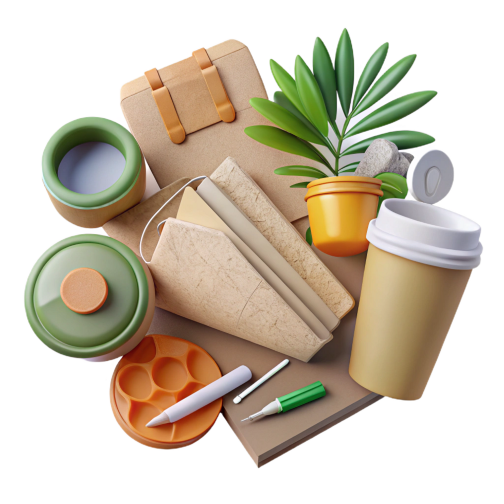 wonderful abstract Zero Waste Office Supplies Flat Lay Transparent Background genuine png