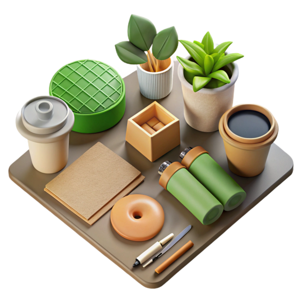 beautiful rustic Zero Waste Office Supplies Flat Lay Transparent Background authentic png