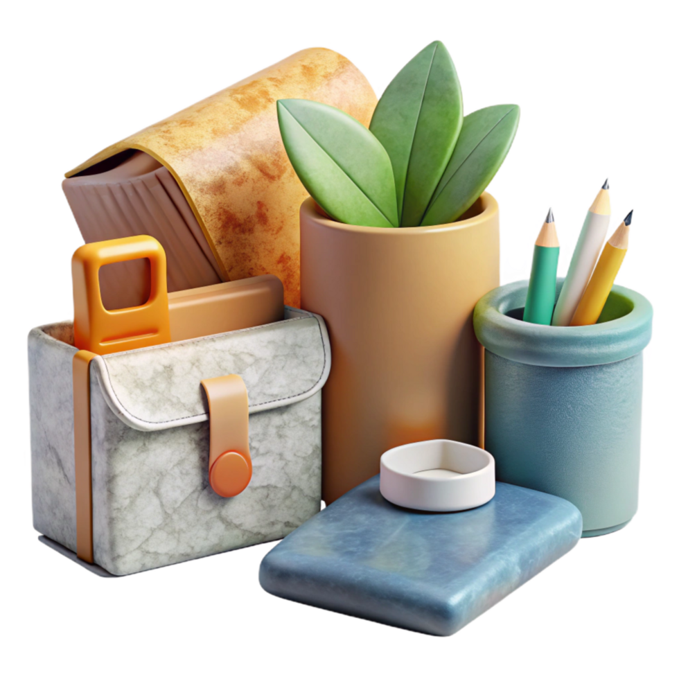 extraordinary contemporary Zero Waste Office Supplies Flat Lay Transparent Background detailed png
