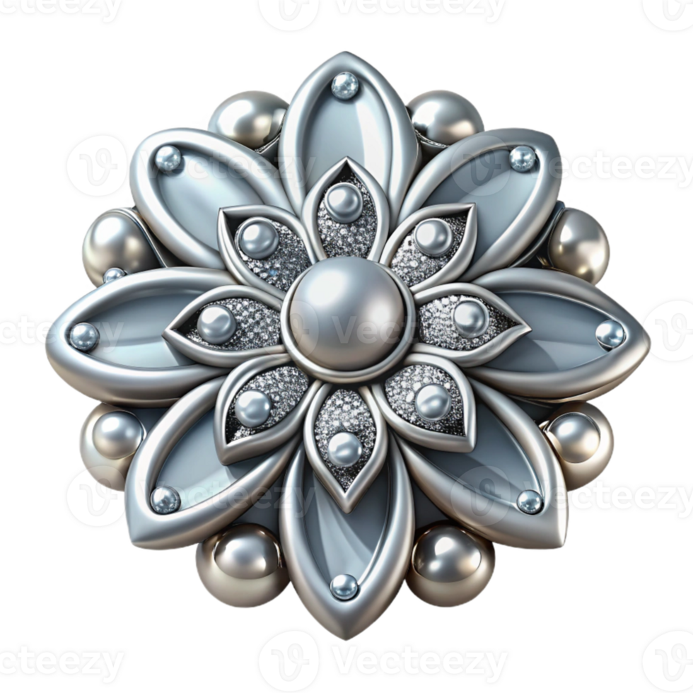 serene rustic Silver Brooch Floral Design Isolated with Sparkling Gems exclusive png